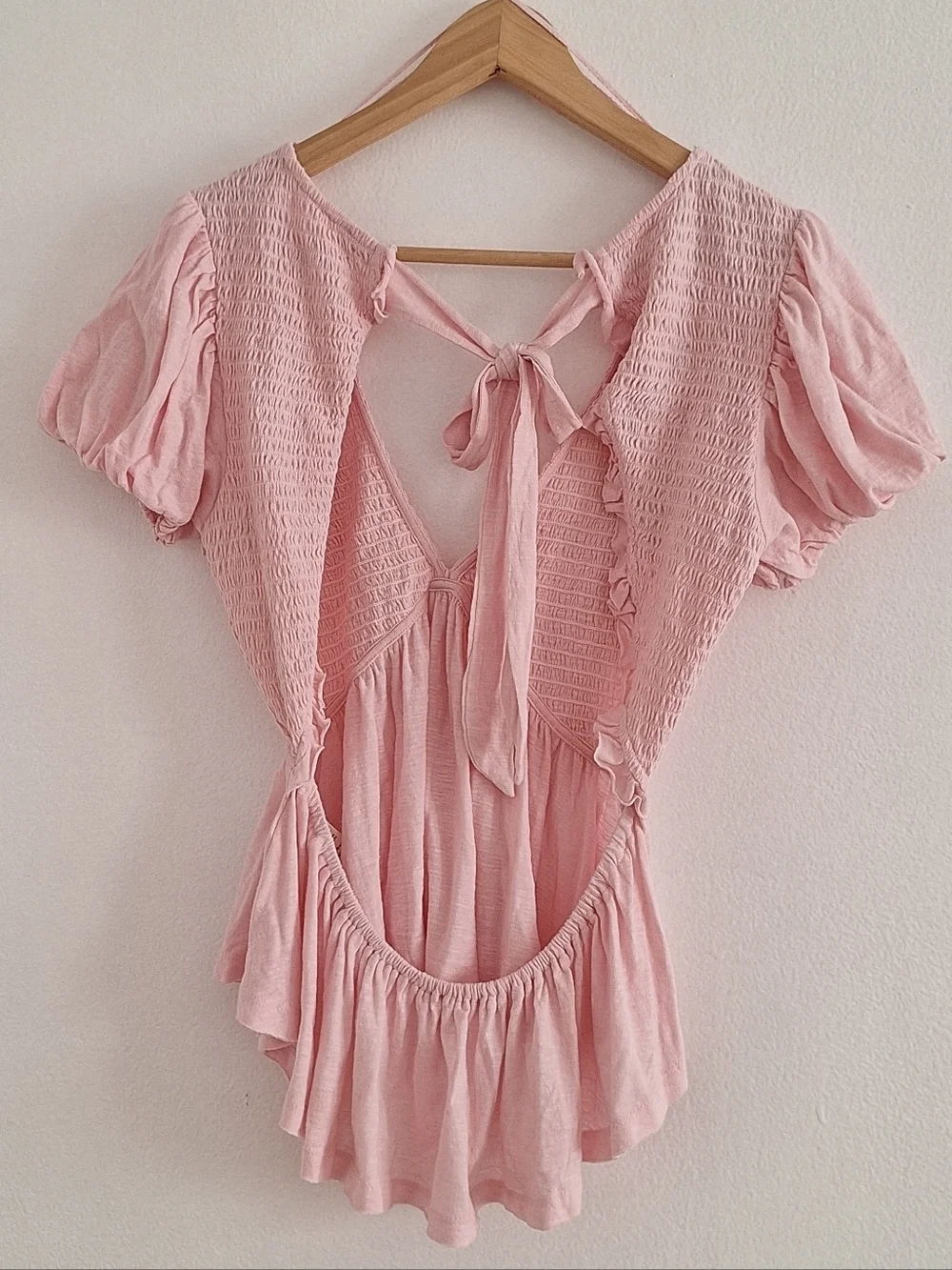 Free People Light Pink Smocked V-Neck Peplum Blouse
